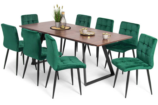 Stół PORTLAND (200/160x90) i 8 krzeseł DIANA - komplet do jadalni - brąz + zielony